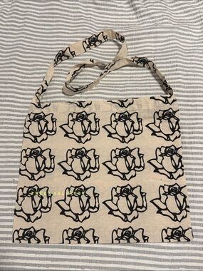 Freda Salvador Beige Canvas Tote with Black Rose Pattern
